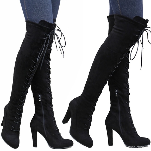 Black Stretchy Lace Up Over Knee Combat Heel Boots - Picture 1 of 6